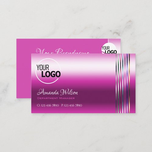 Girly Pink Glossy Effect Colorful Stripes and Logo Business Card