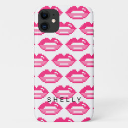 Girly pink glossy pixel lips pattern personalized iPhone 11 case