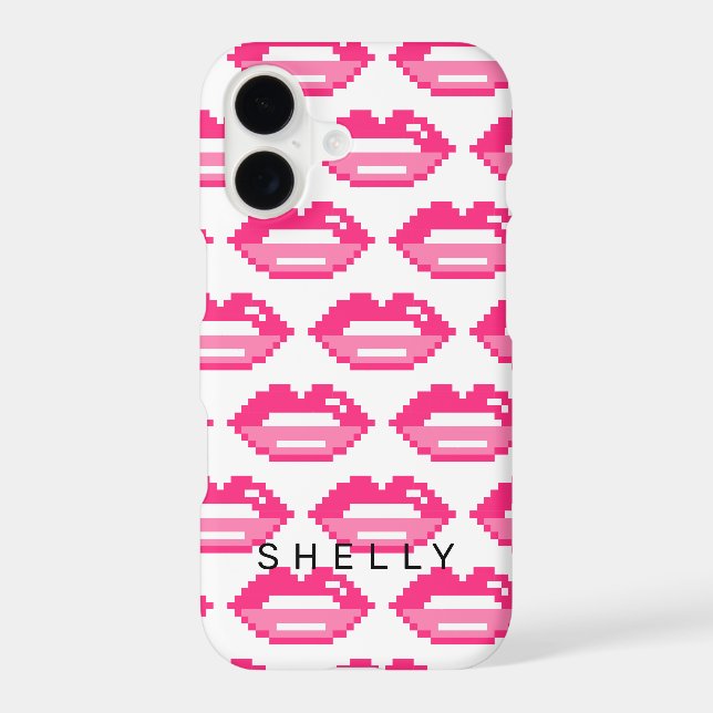 Girly pink glossy pixel lips pattern personalized iphone case (Back)