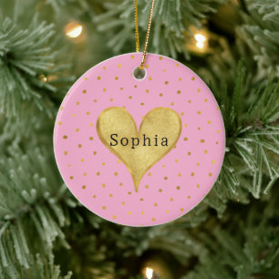 Girly Pink Gold Dots Heart Christmas Ceramic Ornament