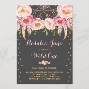 Girly Pink Gold Dreamcatcher Wild One 1st Birthday Invitation