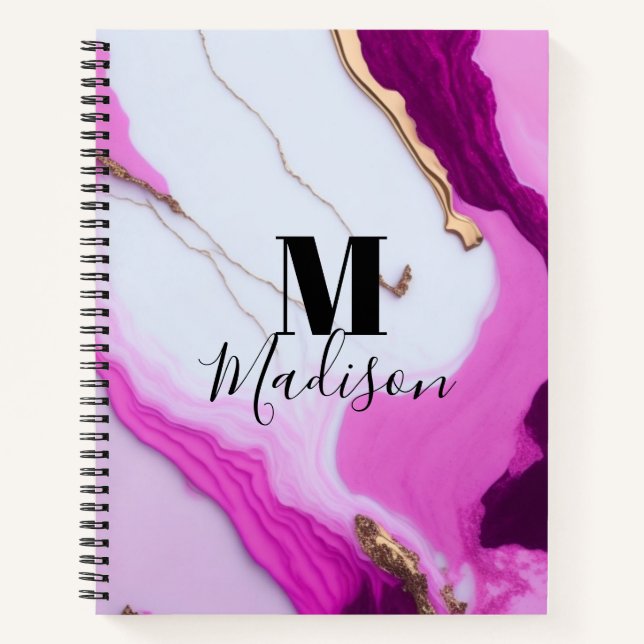 Girly pink gold drips white marble monogram notebook (Front)