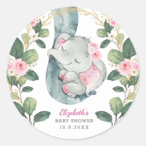 Girly Pink Gold Floral Baby Elephant Greenery Classic Round Sticker
