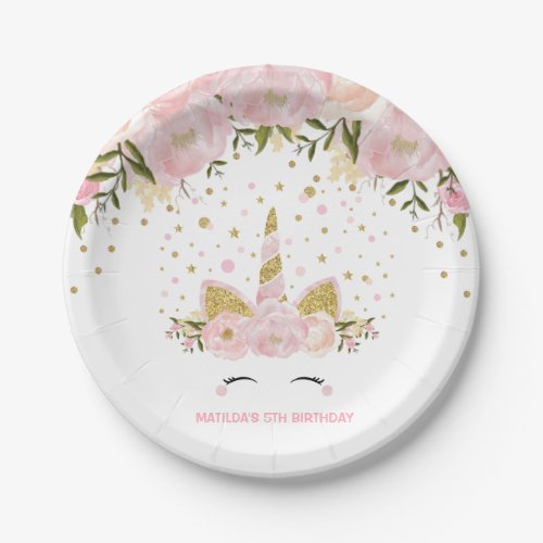 Girly Pink Gold Floral Unicorn Birthday Party Paper Plates