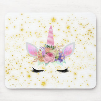 Girly Pink Gold Floral Unicorn with stardust Mouse Pad