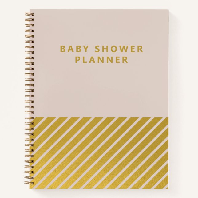 Girly Pink Gold Foil Stripes Baby Shower Planning Notebook (Front)