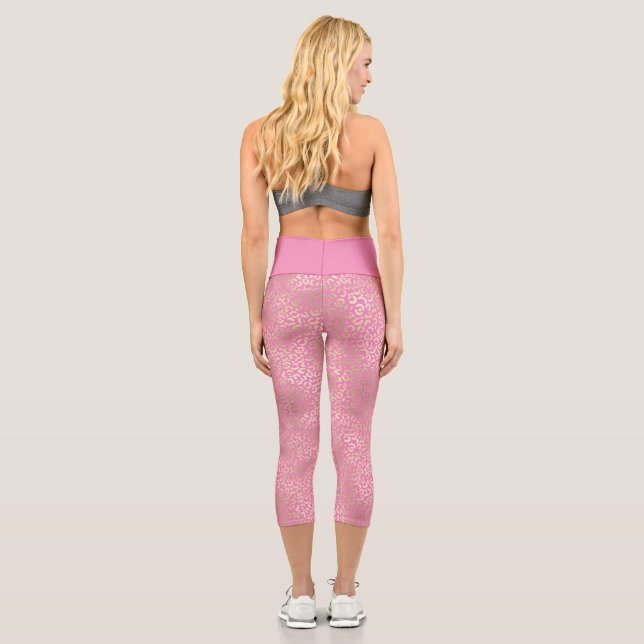 Girly Pink Gold Glam Leopard Print Capri Leggings (Back)