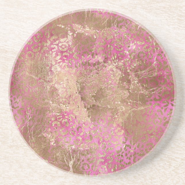 Girly Pink Gold Glam Leopard Print Coaster (Front)