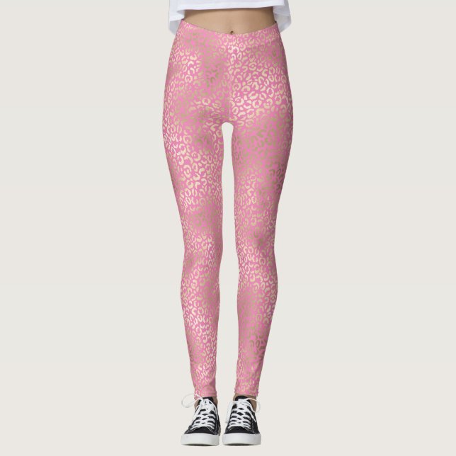 Girly Pink Gold Glam Leopard Print Leggings (Front)