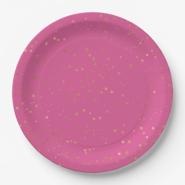 Girly Pink Gold Glam Stars Paper Plates (Front)