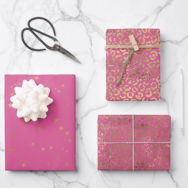 Girly Pink Gold Glam Stars Wrapping Paper Sheets (Front)