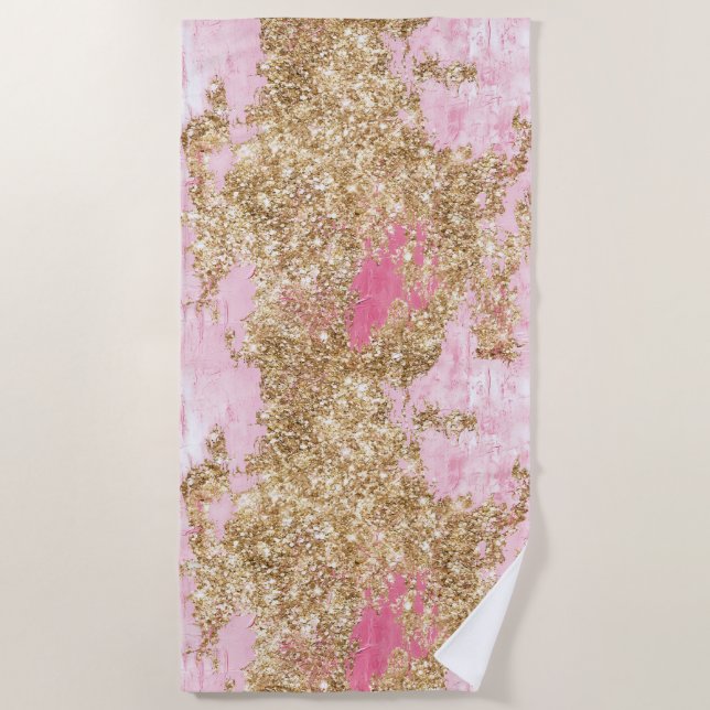 Girly Pink Gold Glitter Beach Towel (Front)