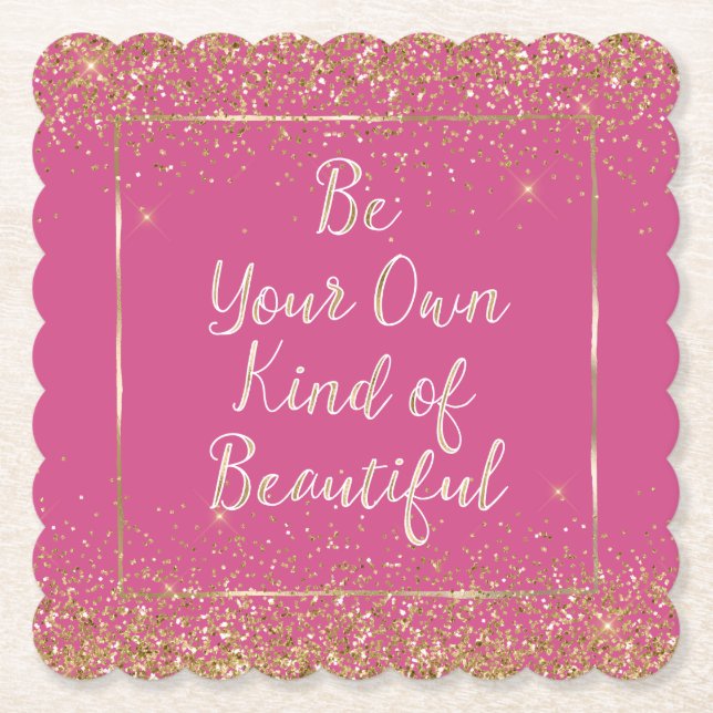 Girly Pink Gold Glitter Beautiful Quote Paper Coaster (Front)