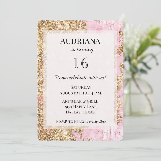 Girly Pink Gold Glitter Birthday Invitation (Standing Front)