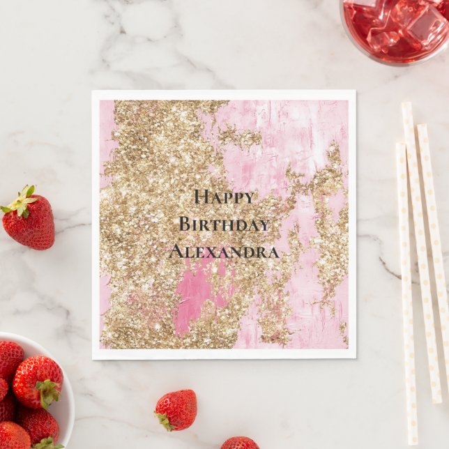 Girly Pink Gold Glitter Birthday Napkins (Insitu)