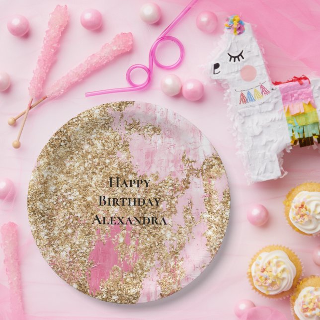 Girly Pink Gold Glitter Birthday Paper Plates (Party)