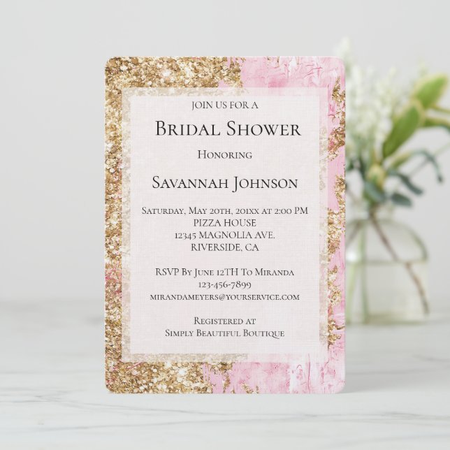 Girly Pink Gold Glitter Bridal Shower Invitation (Standing Front)