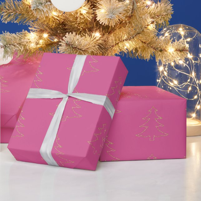 Girly Pink Gold Glitter Christmas Trees Wrapping Paper (Holidays)