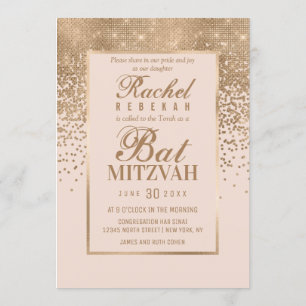 Girly Pink Gold Glitter Confetti Photo Bat Mitzvah Invitation