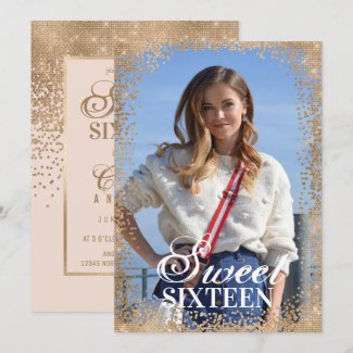 Girly Pink Gold Glitter Confetti Photo Sweet 16 Invitation