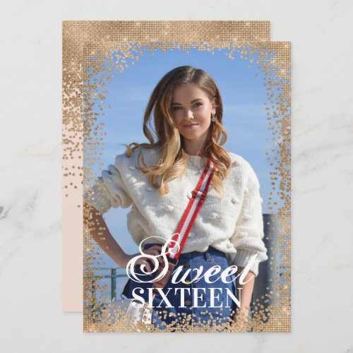 Girly Pink Gold Glitter Confetti Photo Sweet 16 Invitation