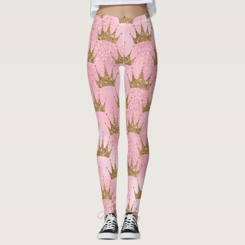 Girly Pink Gold Glitter Crowns Sparkly  Leggings
