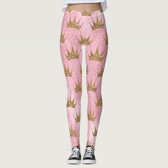 Girly Pink Gold Glitter Crowns Sparkly  Leggings (Front)