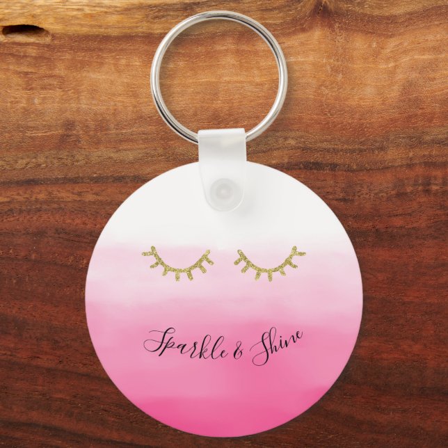 Girly Pink Gold Glitter Eyelashes  Keychain (Front)