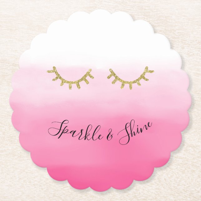 Girly Pink Gold Glitter Eyelashes  Paper Coaster (Front)