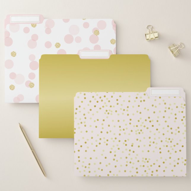 Girly Pink & Gold Glitter Foil Dots Patterns File Folder (Set)