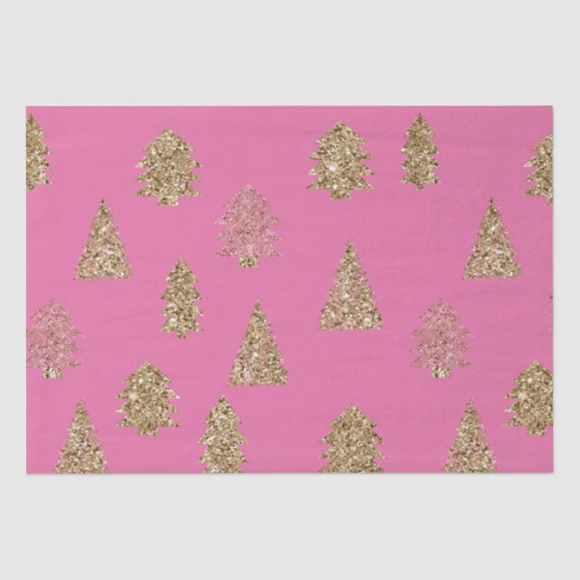 Girly Pink Gold Glitter Glam Christmas Trees Tissue Paper (Front)