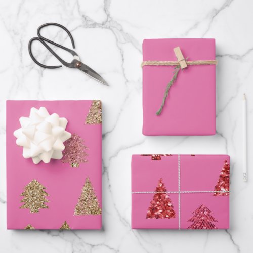 Girly Pink Gold Glitter Glam Christmas Trees Wrapping Paper Sheets
