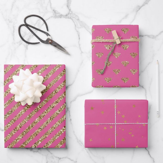 Girly Pink Gold Glitter Jewel Diamonds Wrapping Paper Sheets (Front)