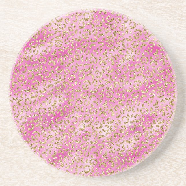Girly Pink Gold Glitter Leopard Print Coaster (Front)