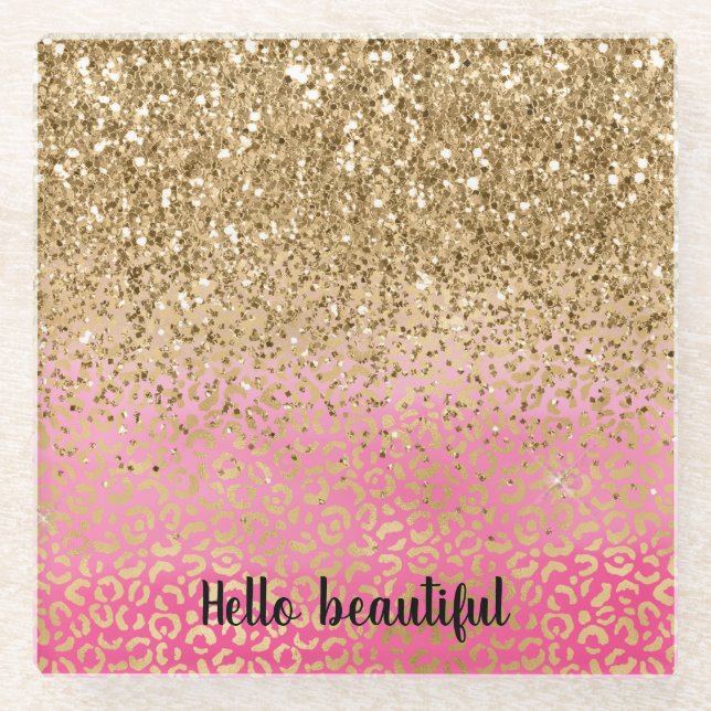 Girly Pink Gold Glitter Leopard Print Glass Coaster (Front)