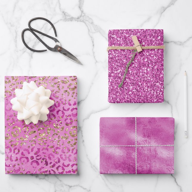 Girly Pink Gold Glitter Leopard Print Glitz      Wrapping Paper Sheets (Front)