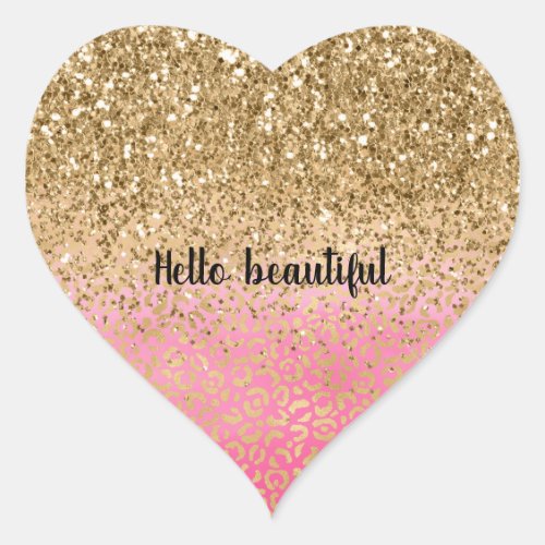 Girly Pink Gold Glitter Leopard Print Heart Sticker