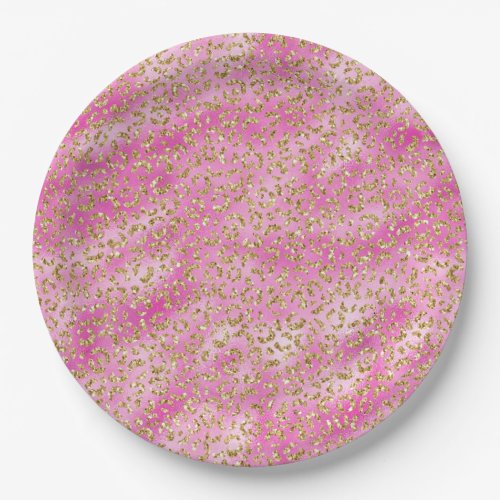 Girly Pink Gold Glitter Leopard Print Paper Plates