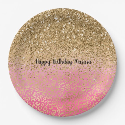 Girly Pink Gold Glitter Leopard Print Paper Plates