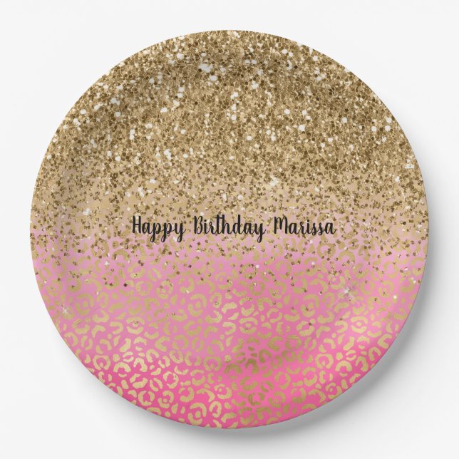 Girly Pink Gold Glitter Leopard Print Paper Plates (Front)