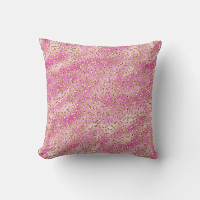 Girly Pink Gold Glitter Leopard Print Throw Pillow (Front)