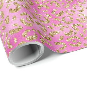 Girly Pink Gold Glitter Leopard Print Wrapping Paper