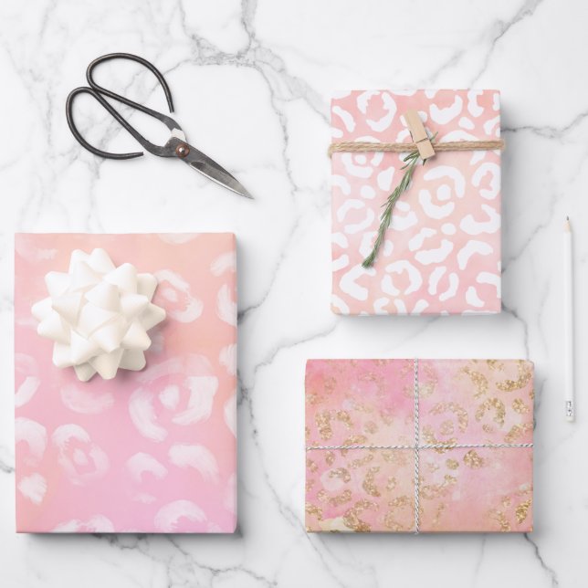 Girly Pink Gold Glitter Leopard Print      Wrapping Paper Sheets (Front)