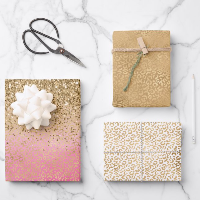 Girly Pink Gold Glitter Leopard Print Wrapping Paper Sheets (Front)