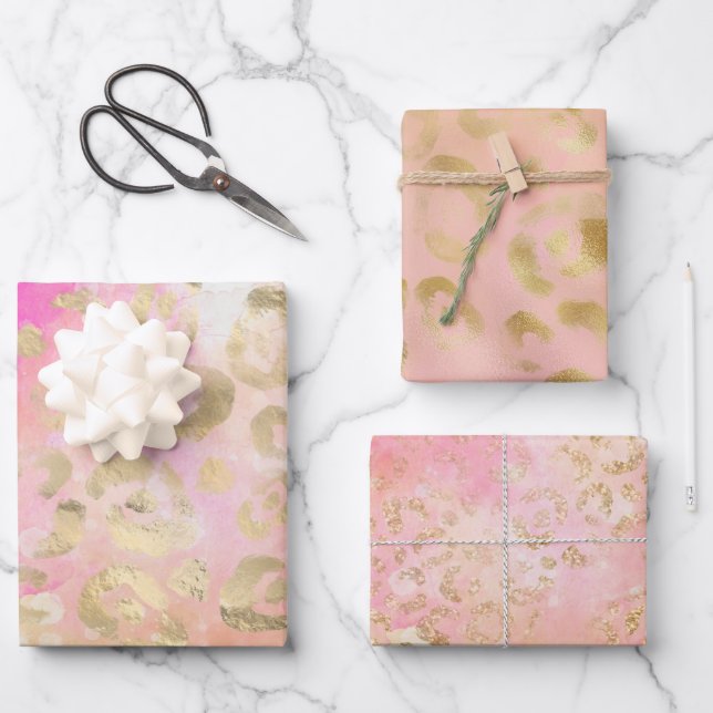 Girly Pink Gold Glitter Leopard Prints Wrapping Paper Sheets (Front)