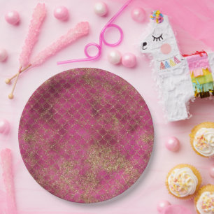 Girly Pink Gold Glitter Mermaid Glitz    Paper Plates