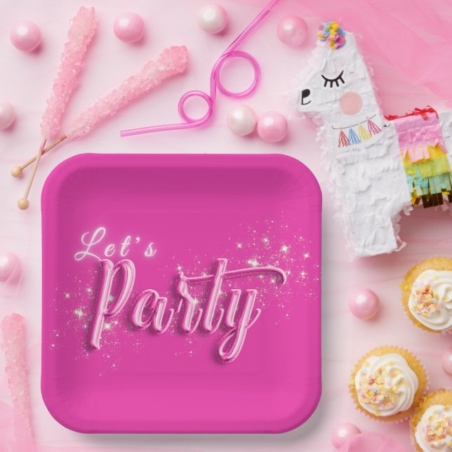 Girly Pink Gold Glitter Modern Let's Party Paper Plates (Party)