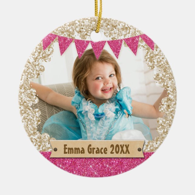 Girly Pink & Gold Glitter Photo Ceramic Ornament (Front)