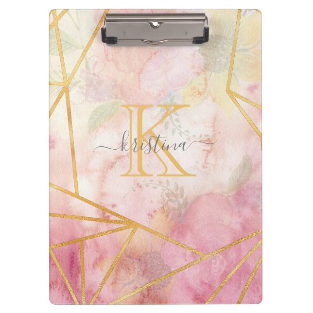 Girly Pink Gold Glitter Sparkle Monogram Floral Clipboard (Front)