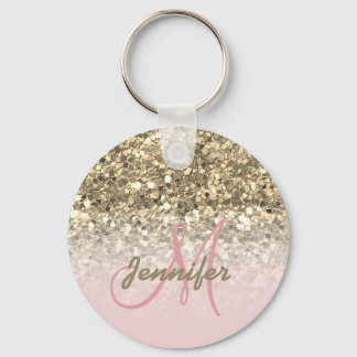 Girly Pink Gold Glitter Sparkles Monogram Name Keychain